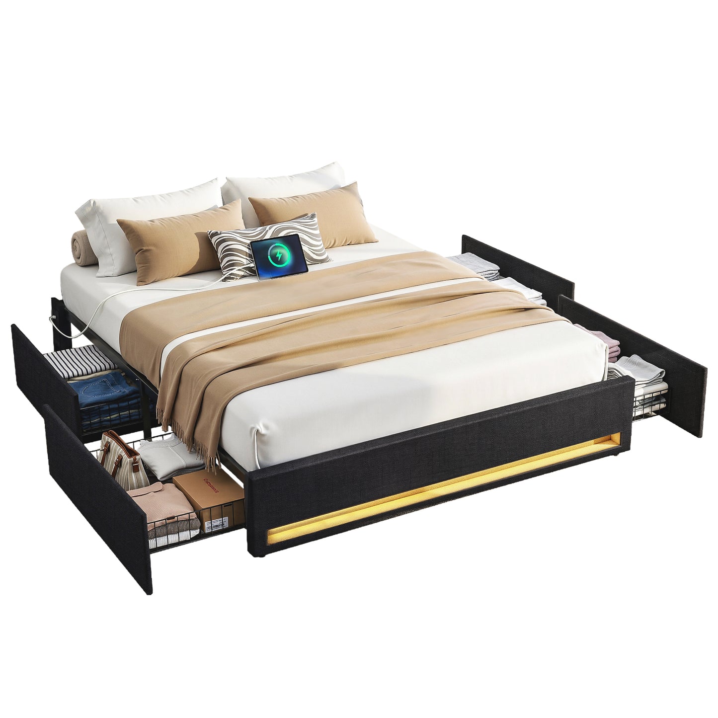 Queen Bed Frame with Storage Drawers