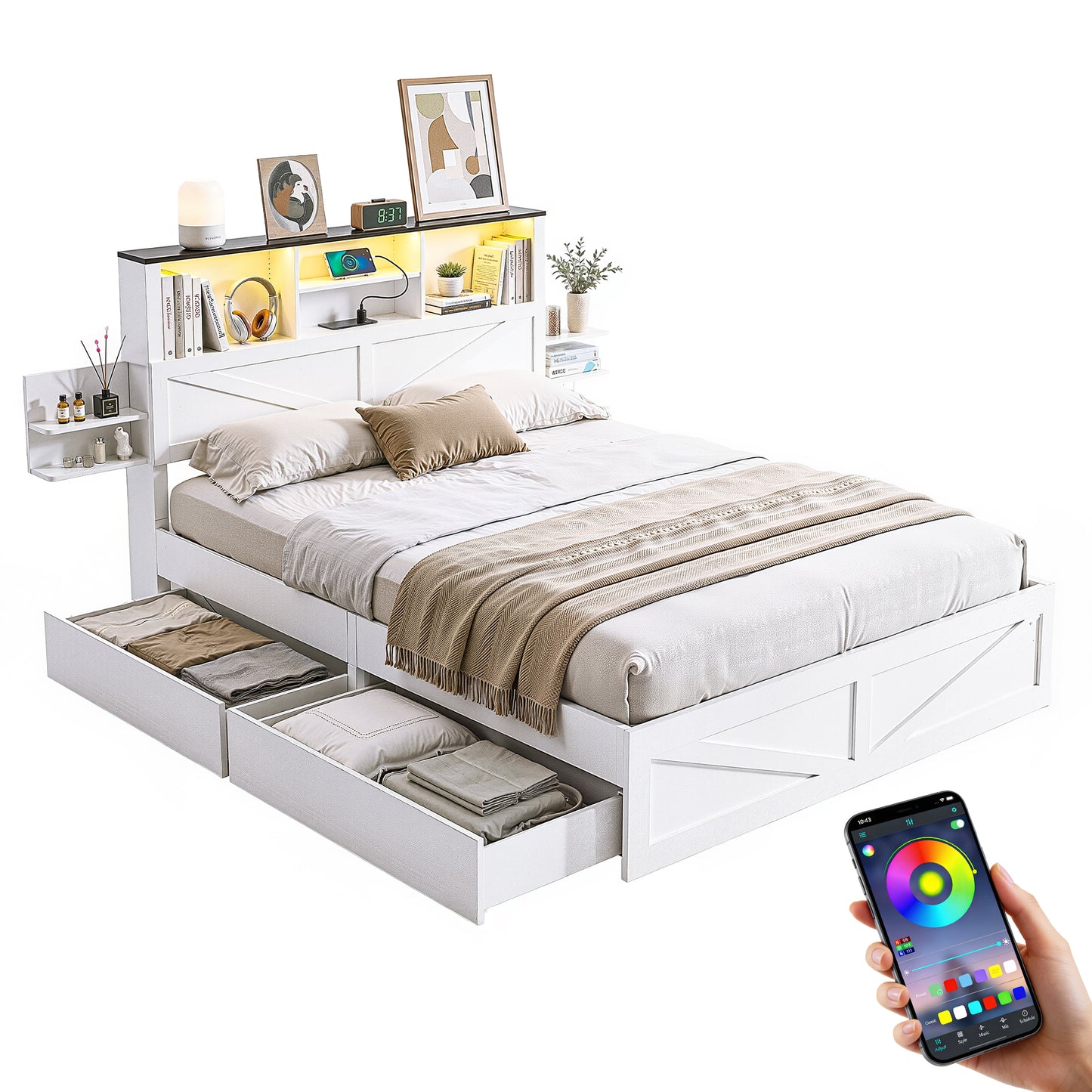 Queen Bed Frame with Storage Drawers - White