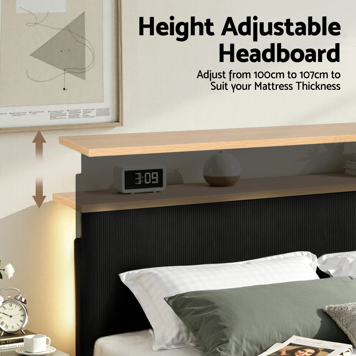 Queen Bed Frame Upholstered Adjustable Headboard - Black Velvet