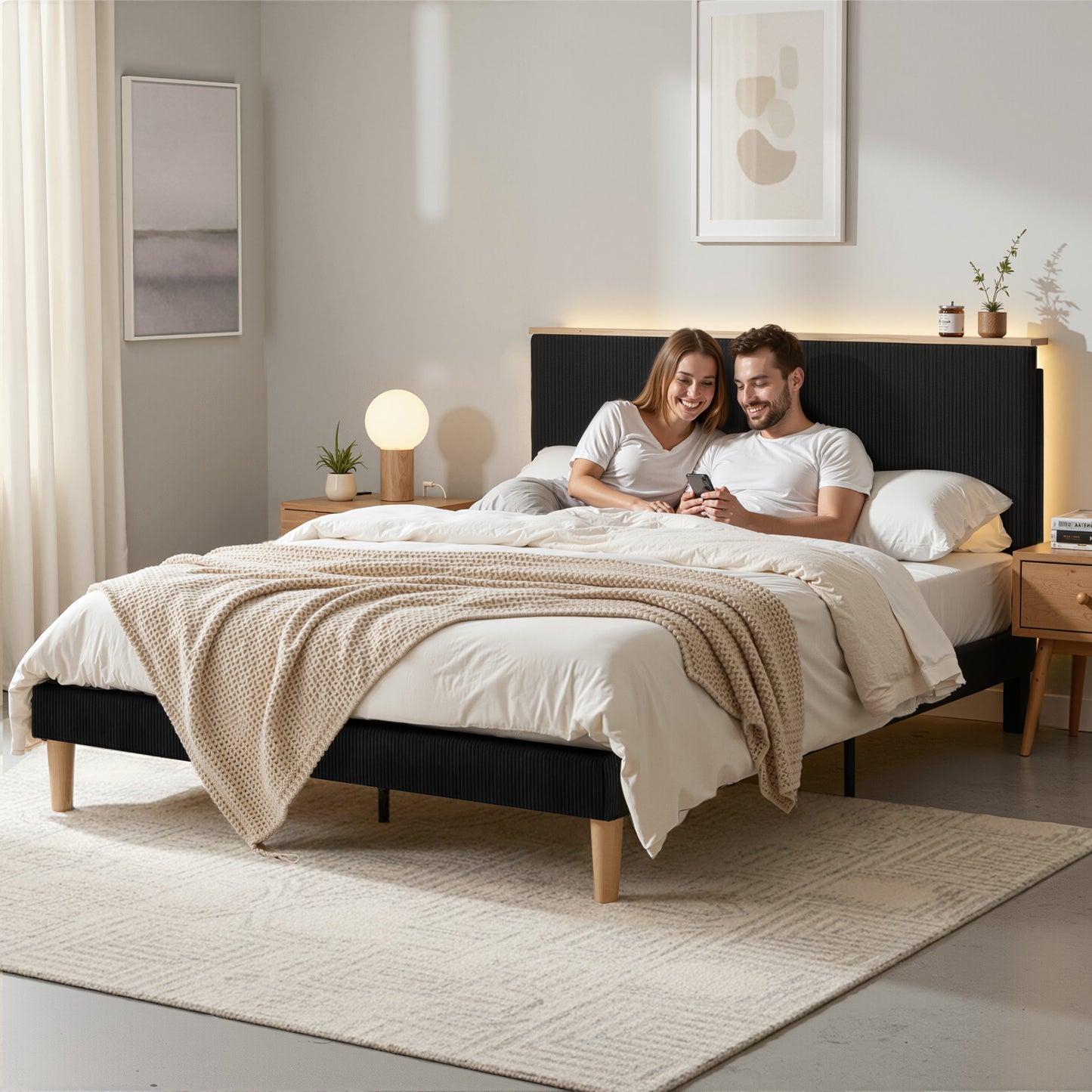 Queen Bed Frame Upholstered Adjustable Headboard - Black Velvet