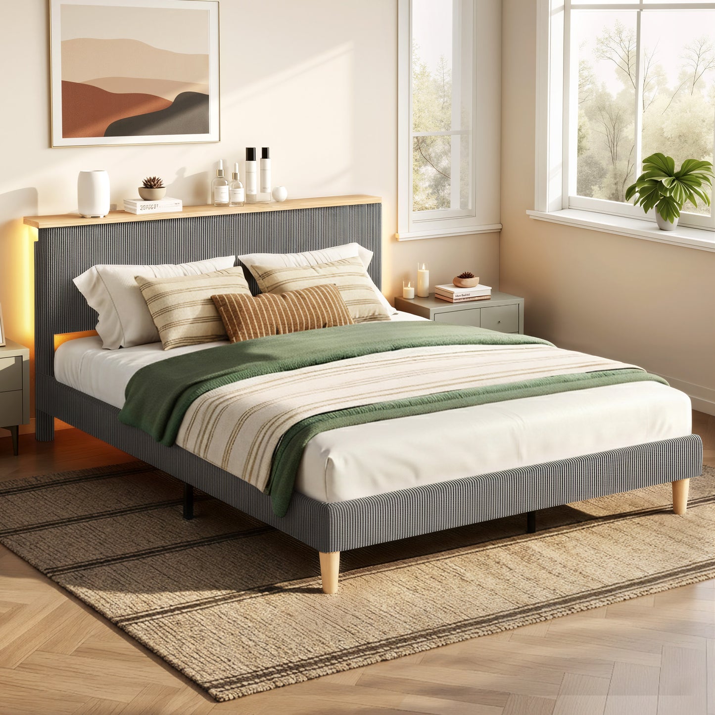 Queen Bed Frame Upholstered Adjustable Headboard - Grey Velvet