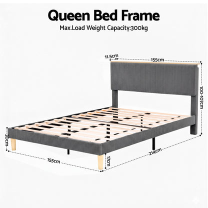 Queen Bed Frame Upholstered Adjustable Headboard- Grey Velvet