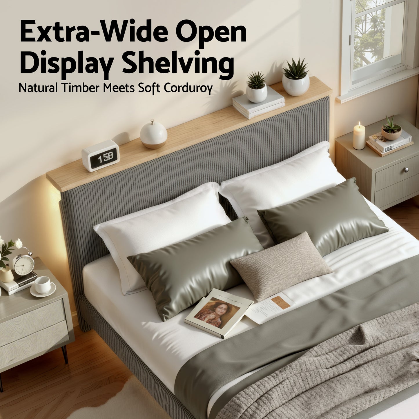 Queen Bed Frame Upholstered Adjustable Headboard - Grey Velvet