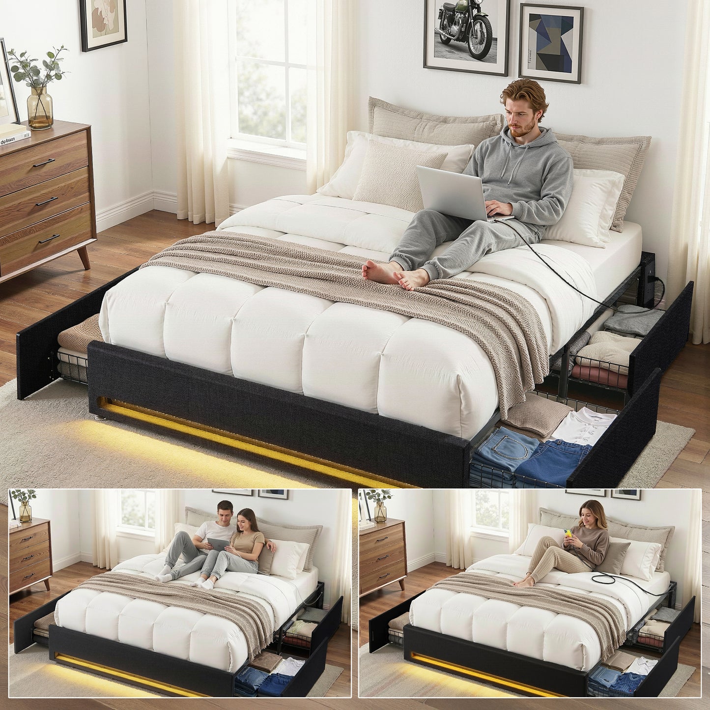 Queen Bed Frame with Storage Drawers