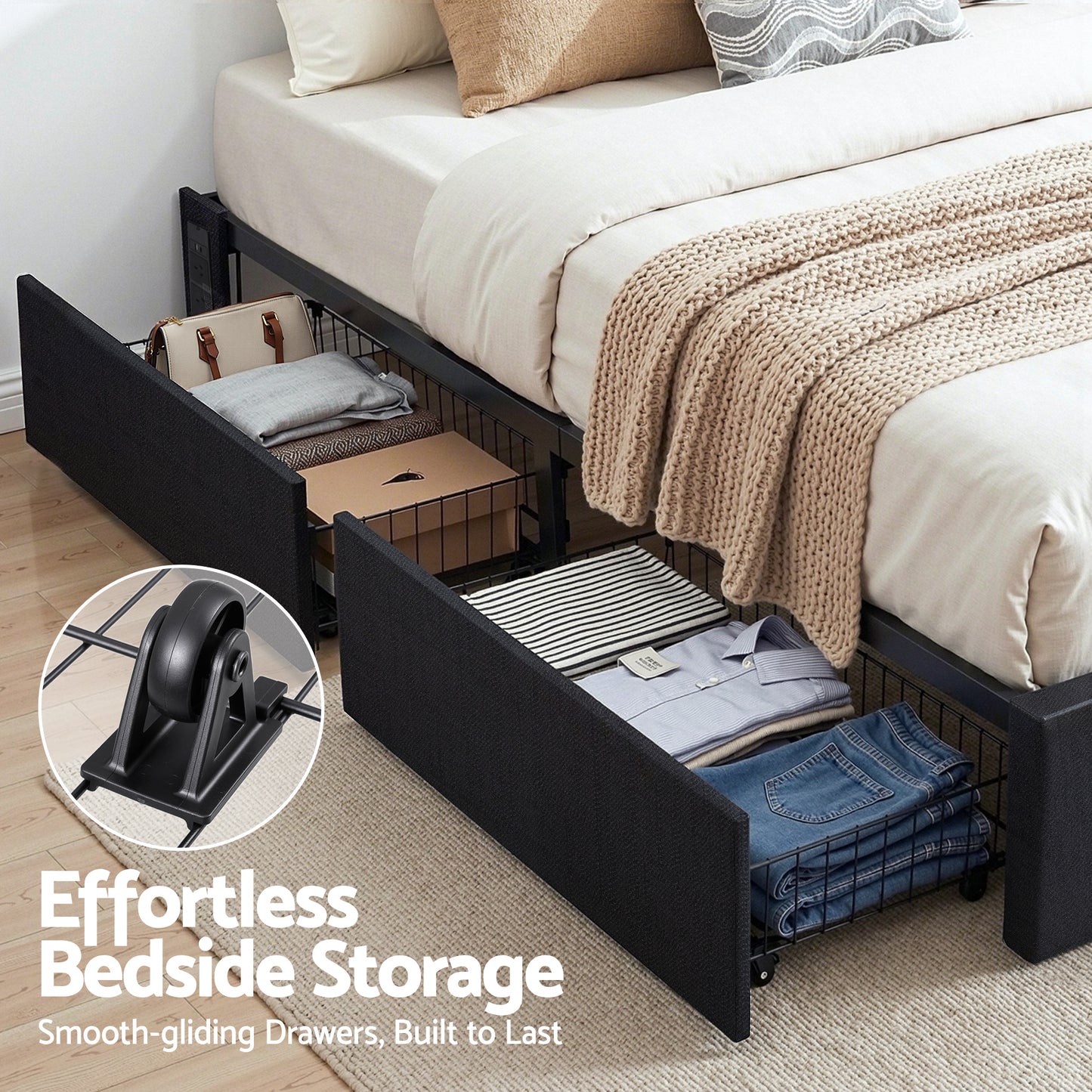 Queen Bed Frame with Storage Drawers