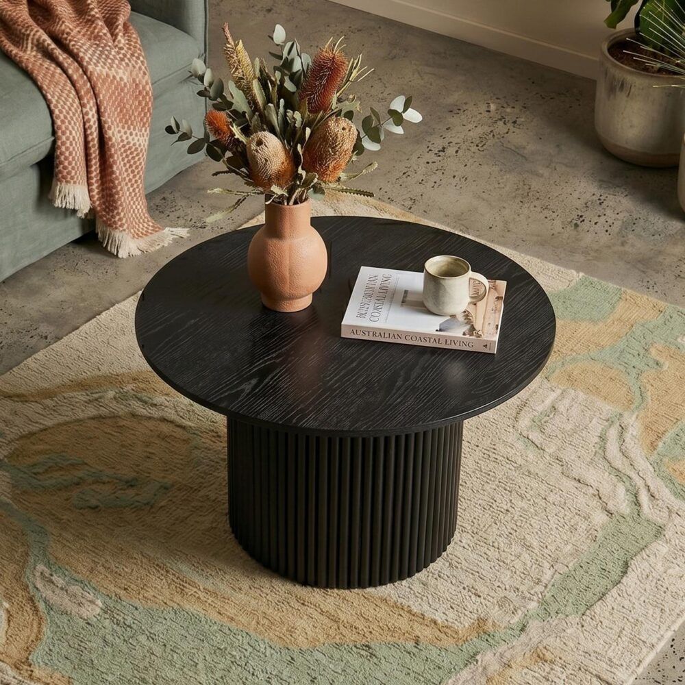 Luxe Black Ribbed Modern Coffee Table