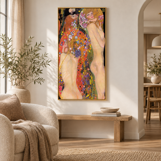 Water Serpents by Gustav Klimt Framed Canvas Wall Art – Gold Frame 50 × 100cm