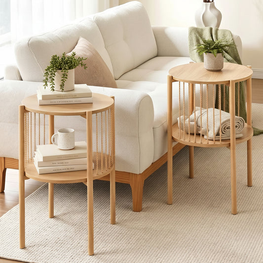 Set of 2 End Tables - Tier Round Wood