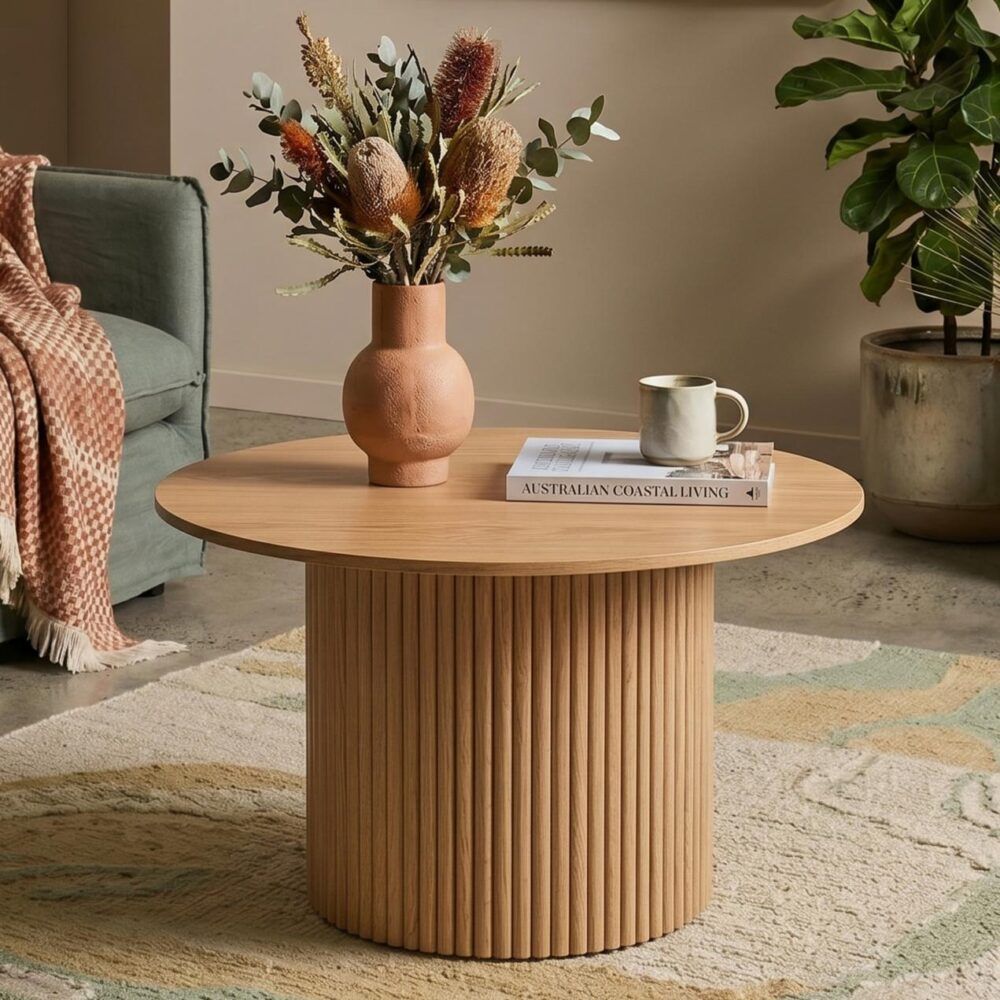 Luxe Ribbed Round Modern Coffee Table Wooden