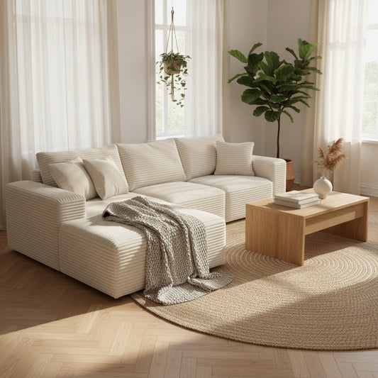 Cloud Corduroy Modular L-Shaped Sofa Bed – White