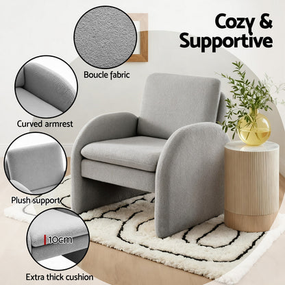 Armchair Curved Arm Seat Boucle- Grey