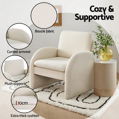 Armchair Curved Arm Seat Boucle- White