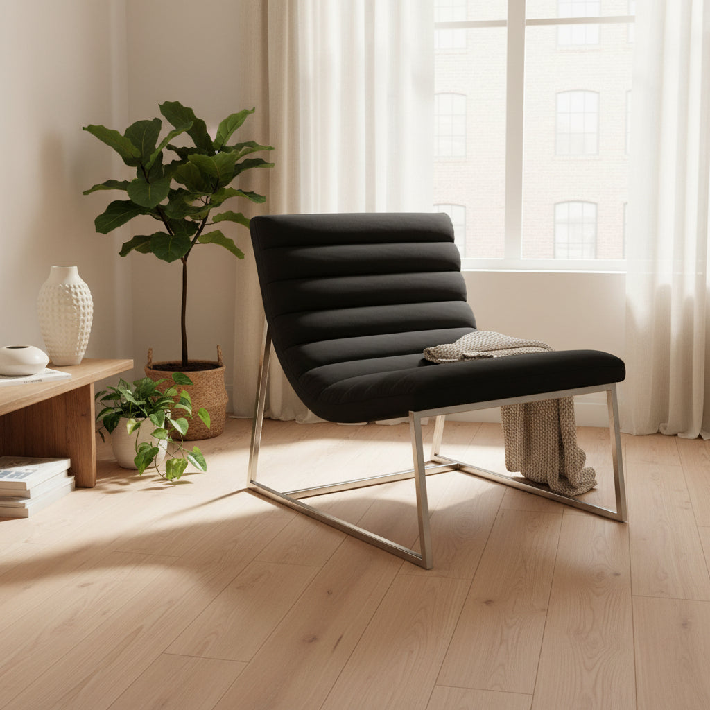 Caviar Bonded Leather& Steel Lounge Accent Chair- Black