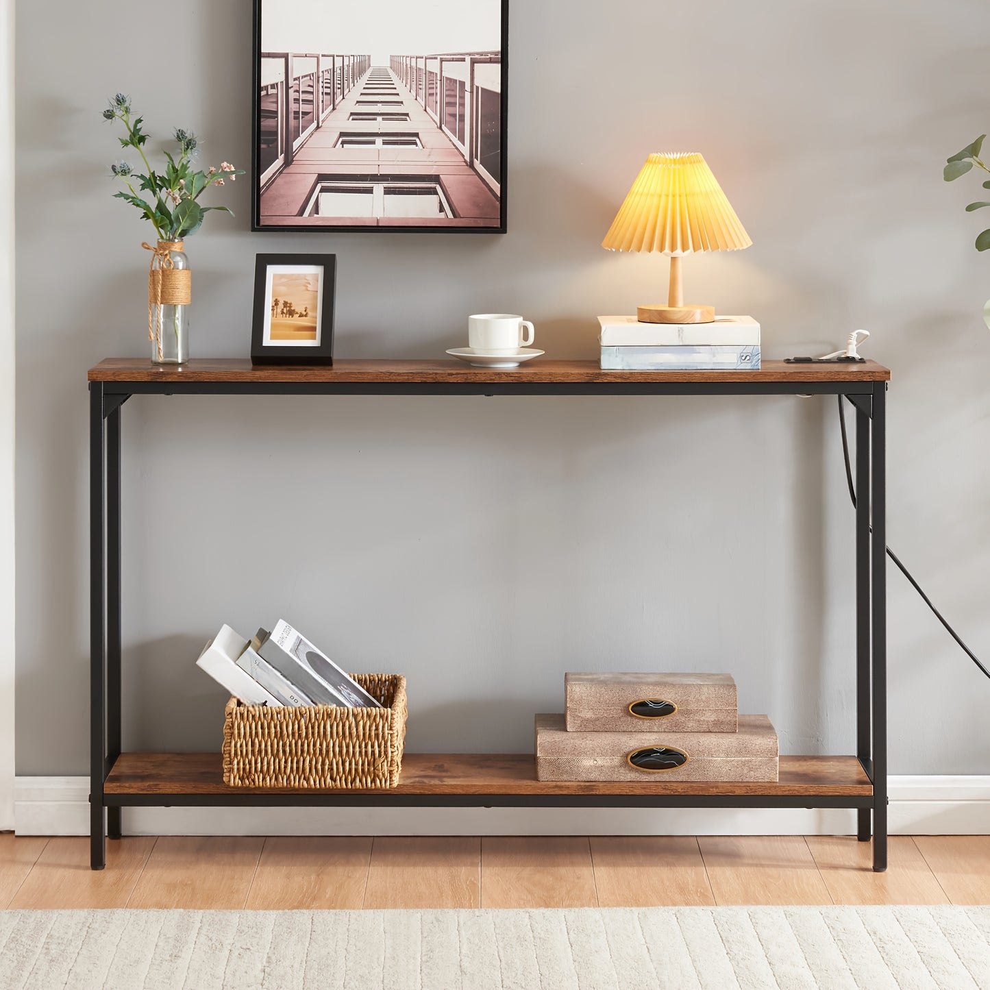 2 Tier Console Table with Power Outlets and USB Ports