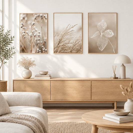 Dried Flower Framed Canvas Wall Art – Set of 3, Wood Frame 40 × 60cm