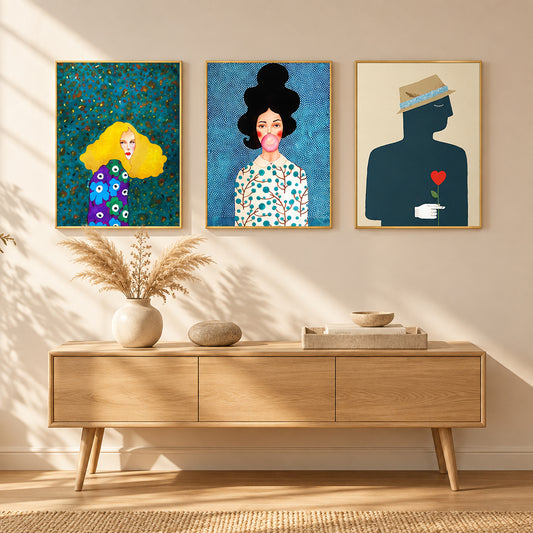 Modern Figure Framed Canvas Wall Art – Set of 3, Gold Frame 40 × 60cm