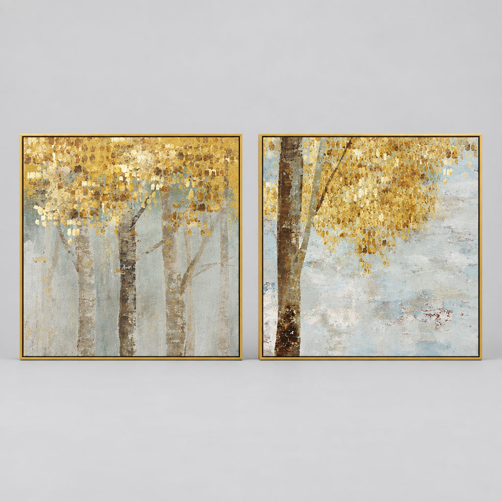 Wall Art 70cmx70cm Golden Leaves 2 Sets Gold Frame Canvas