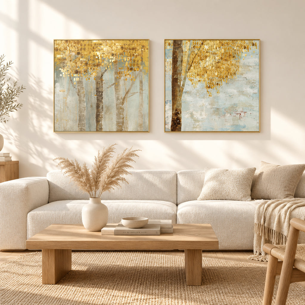 Wall Art 70cmx70cm Golden Leaves 2 Sets Gold Frame Canvas