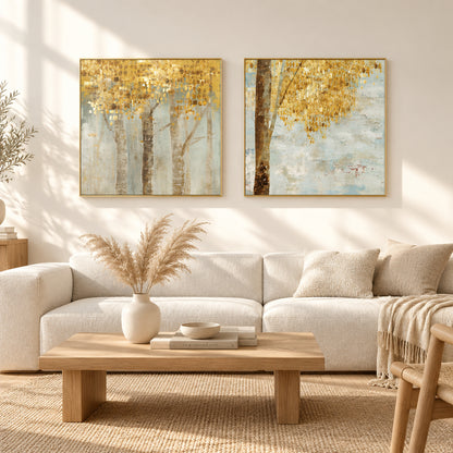 Wall Art 70cmx70cm Golden Leaves 2 Sets Gold Frame Canvas