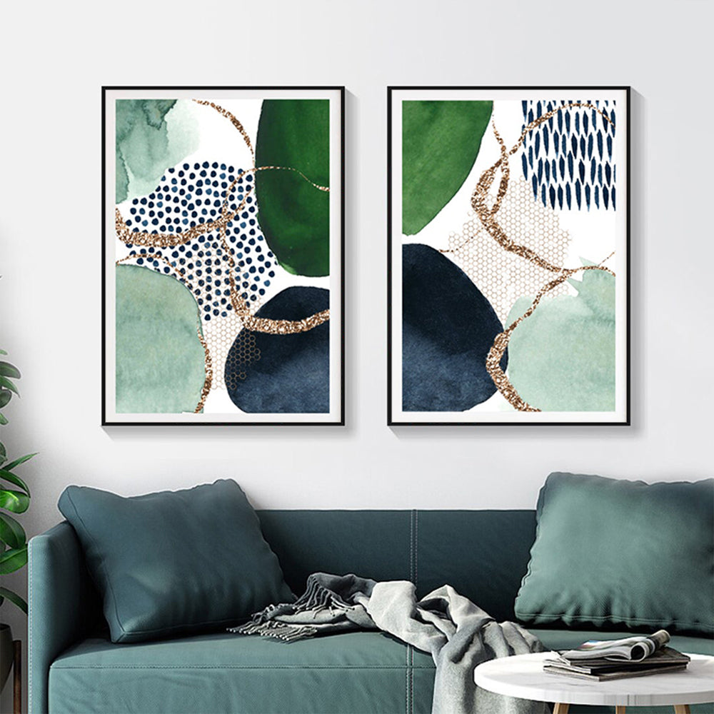 Abstract Green and Navy 2 Sets Black Frame Canvas