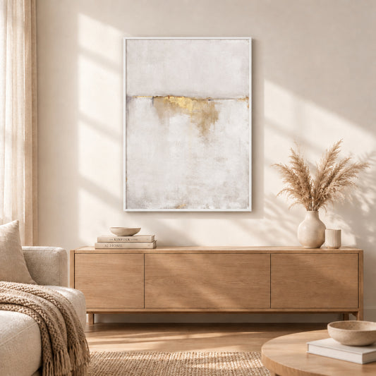 Abstract Gold & White Framed Canvas Wall Art – White Frame 60 × 90cm