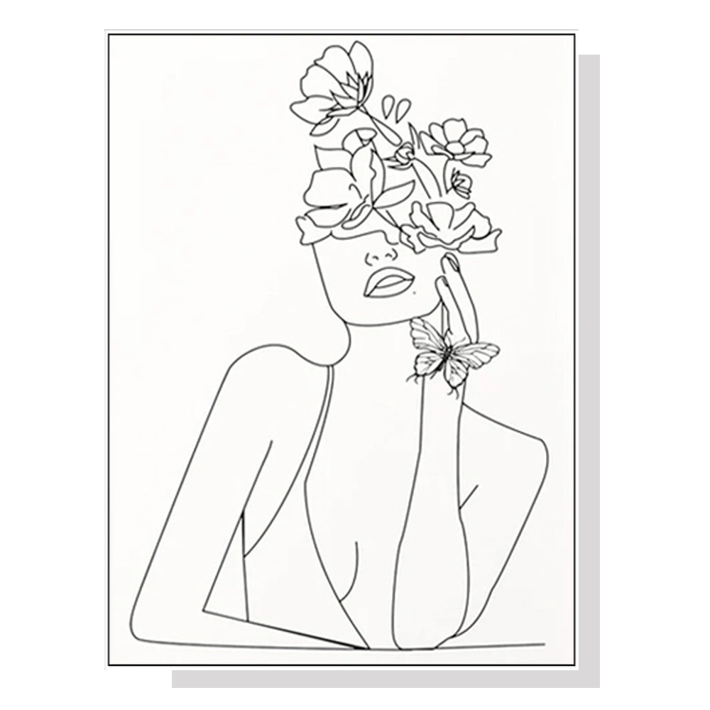 Line Art Girl White Frame Canvas