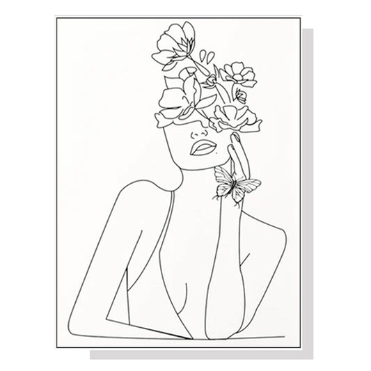 Line Art Girl White Frame Canvas