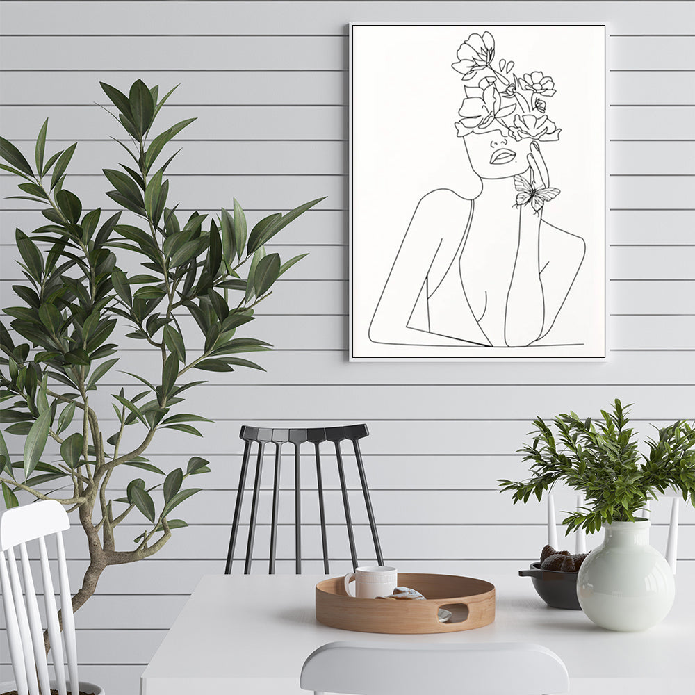 Line Art Girl White Frame Canvas