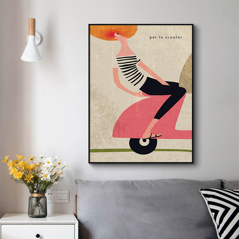 Girl on Scooter Black Frame Canvas