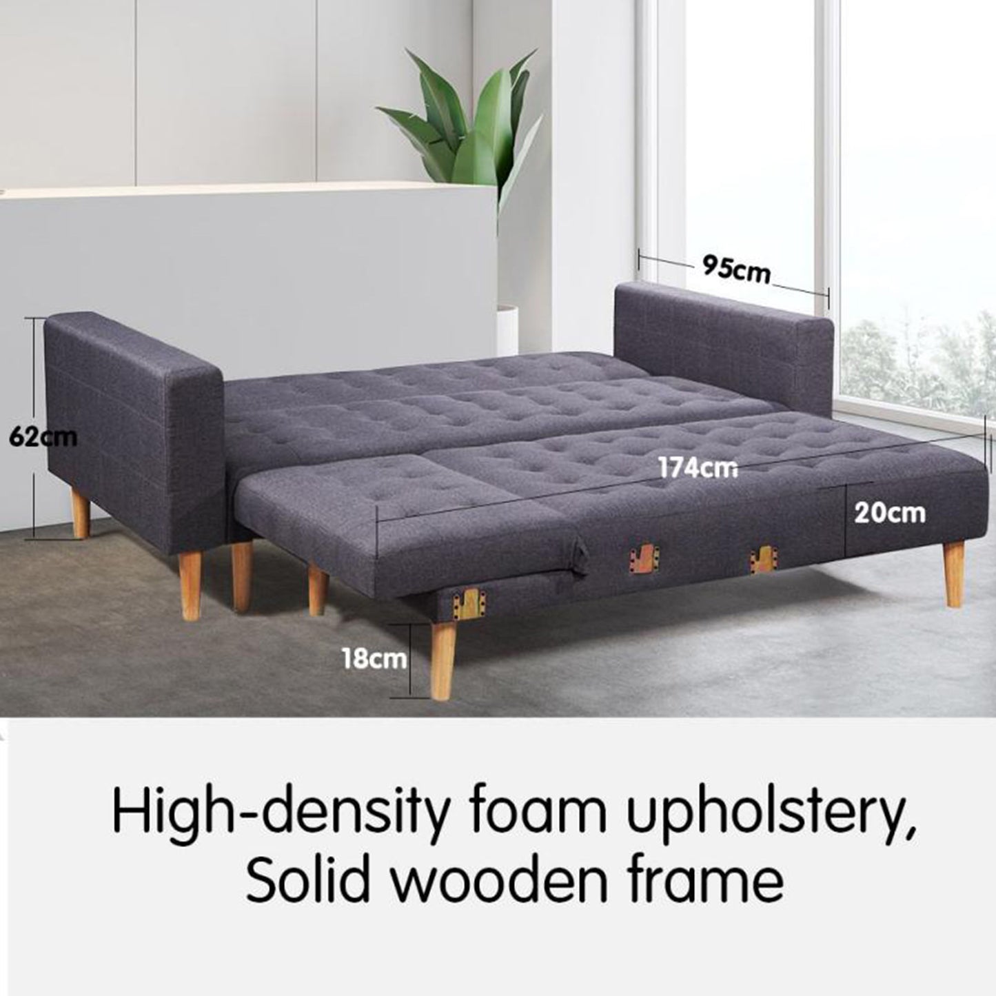 Sarantino Linen Fabric Corner Sofa Bed with Chaise Furniture - Dark Grey