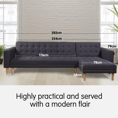 Sarantino Linen Fabric Corner Sofa Bed with Chaise Furniture - Dark Grey
