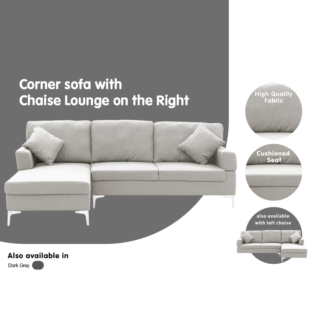 Sarantino Linen Corner Sofa w/Right Chaise Seat - Light Grey