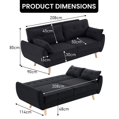 Sarantino 3 Seater Modular Linen Fabric Sofa Bed- Black