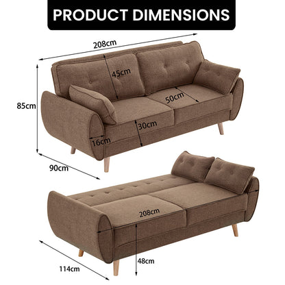 Sarantino 3 Seater Modular Linen Fabric Sofa Bed- Brown