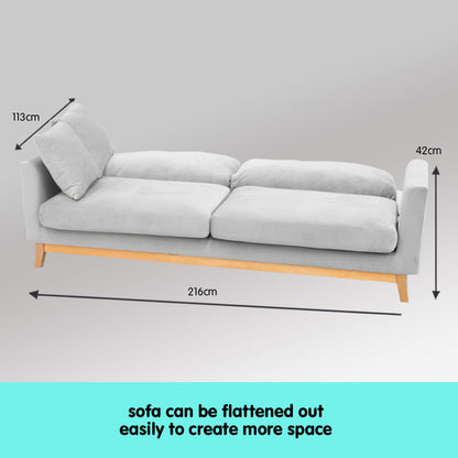 Sarantino 3 Seater Faux Velvet Sofa Bed - Light Grey