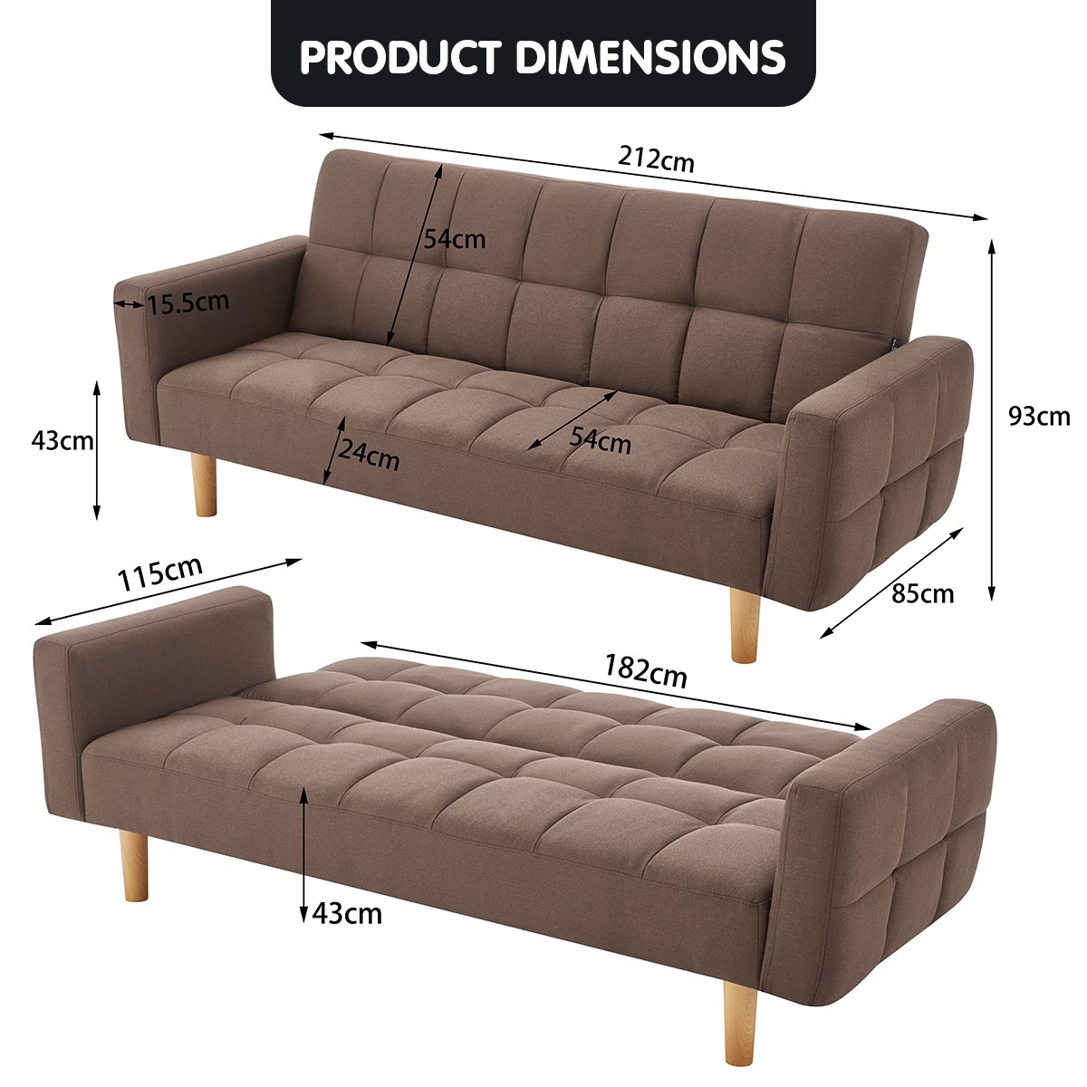 Sarantino 3-Seater Fabric Sofa Bed - Brown
