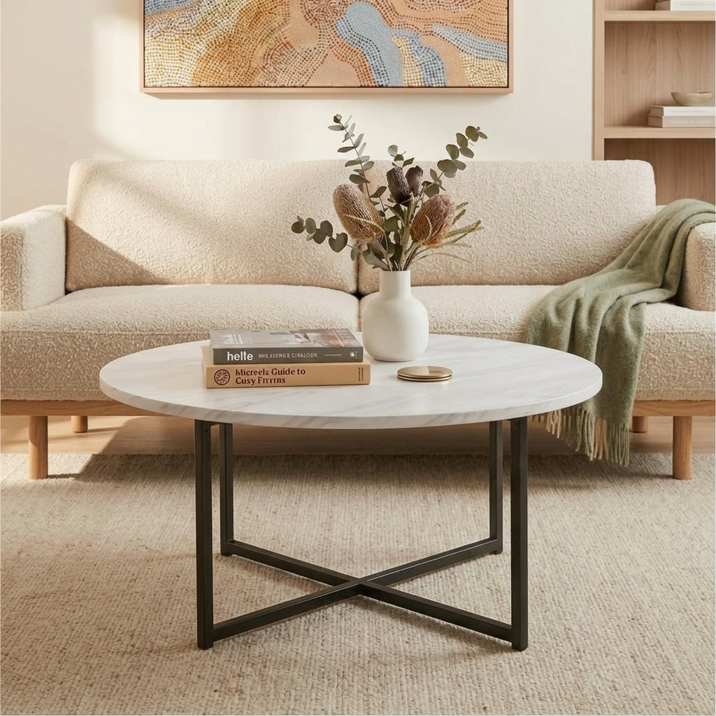 Jane White Marble Effect Round Coffee Table with Black Legs