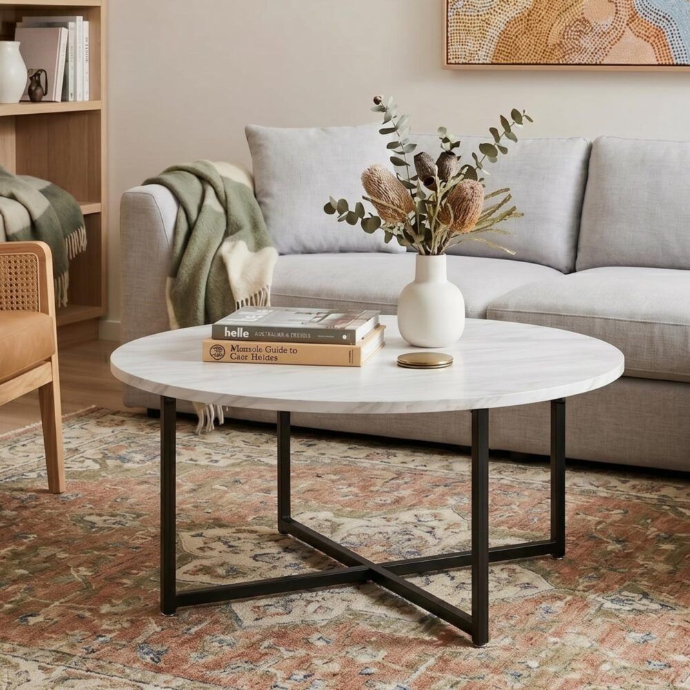 Jane White Marble Effect Round Coffee Table with Black Legs