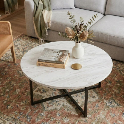 Jane White Marble Effect Round Coffee Table with Black Legs