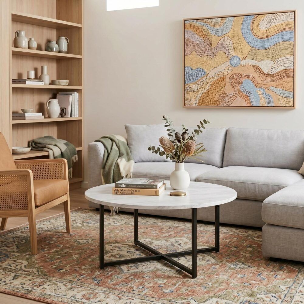 Jane White Marble Effect Round Coffee Table with Black Legs