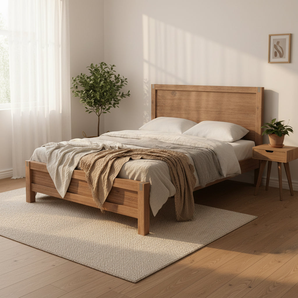 Nowra Bed Frame in Solid Wood Veneered Acacia- Oak