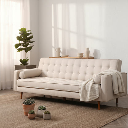 Sofa Bed 3 Seater Button Tufted Beige Colour