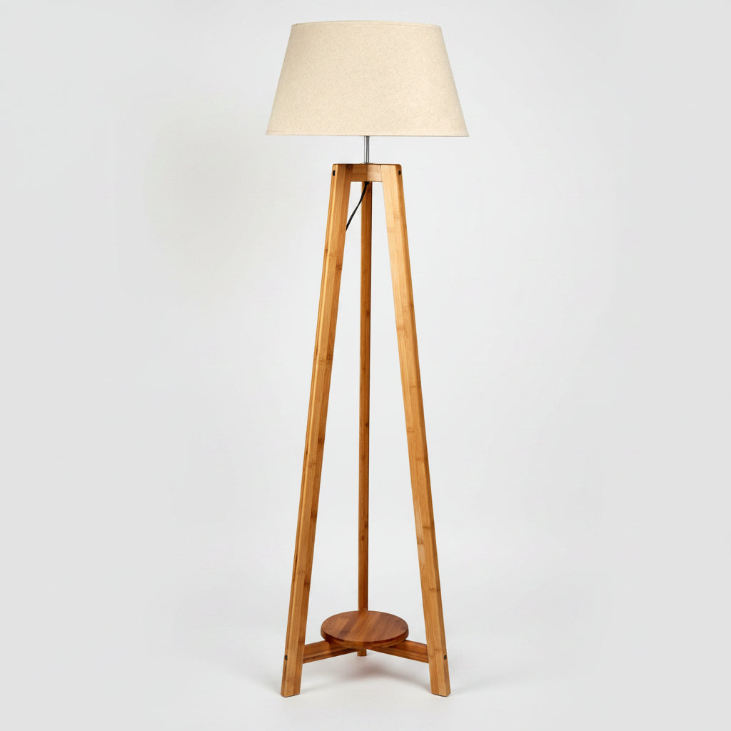 Large Bamboo Wooden Tripod w Beige Linen Light Shade