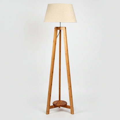 Large Bamboo Wooden Tripod w Beige Linen Light Shade
