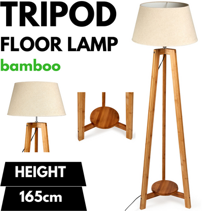 Large Bamboo Wooden Tripod w Beige Linen Light Shade
