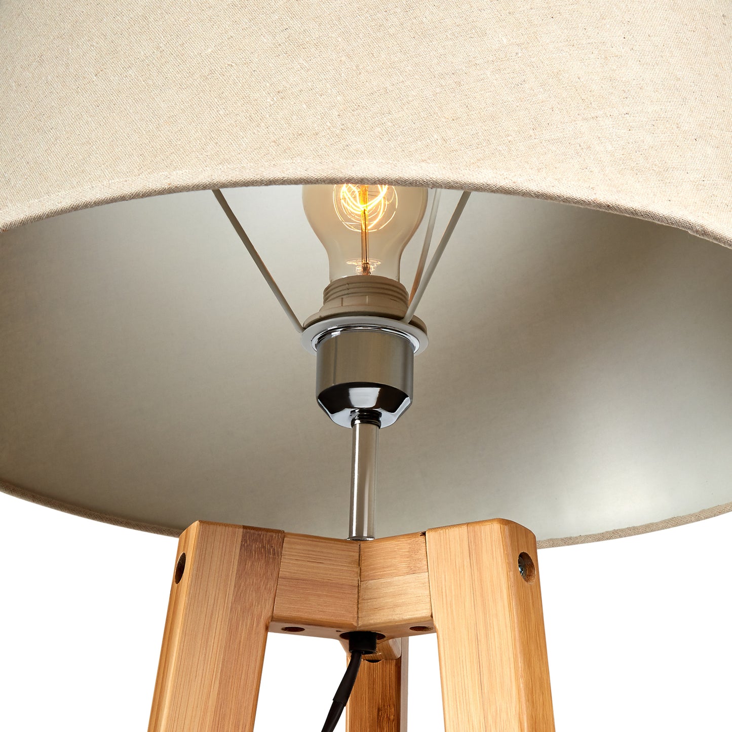Large Bamboo Wooden Tripod w Beige Linen Light Shade