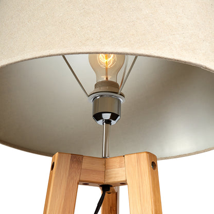 Large Bamboo Wooden Tripod w Beige Linen Light Shade