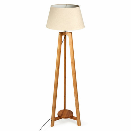 Large Bamboo Wooden Tripod w Beige Linen Light Shade