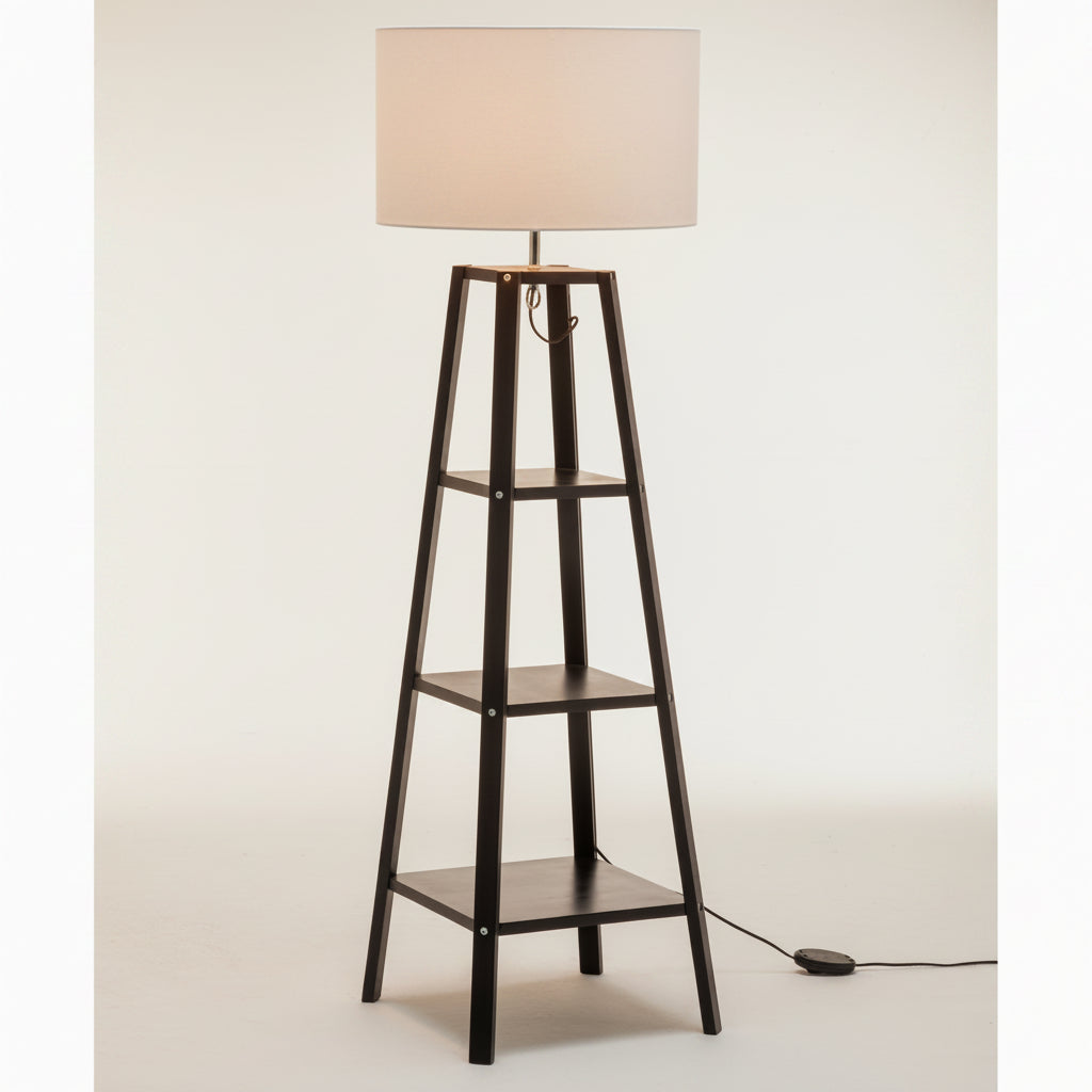 Eiffel 3 Tier Natural Wood Modern Floor Lamp w/ Storage Shelves
