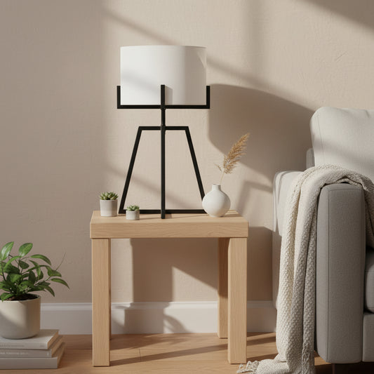 Modern Scandi Metal Dimmable Table Lamp w/ Linen Shade- Matte Black